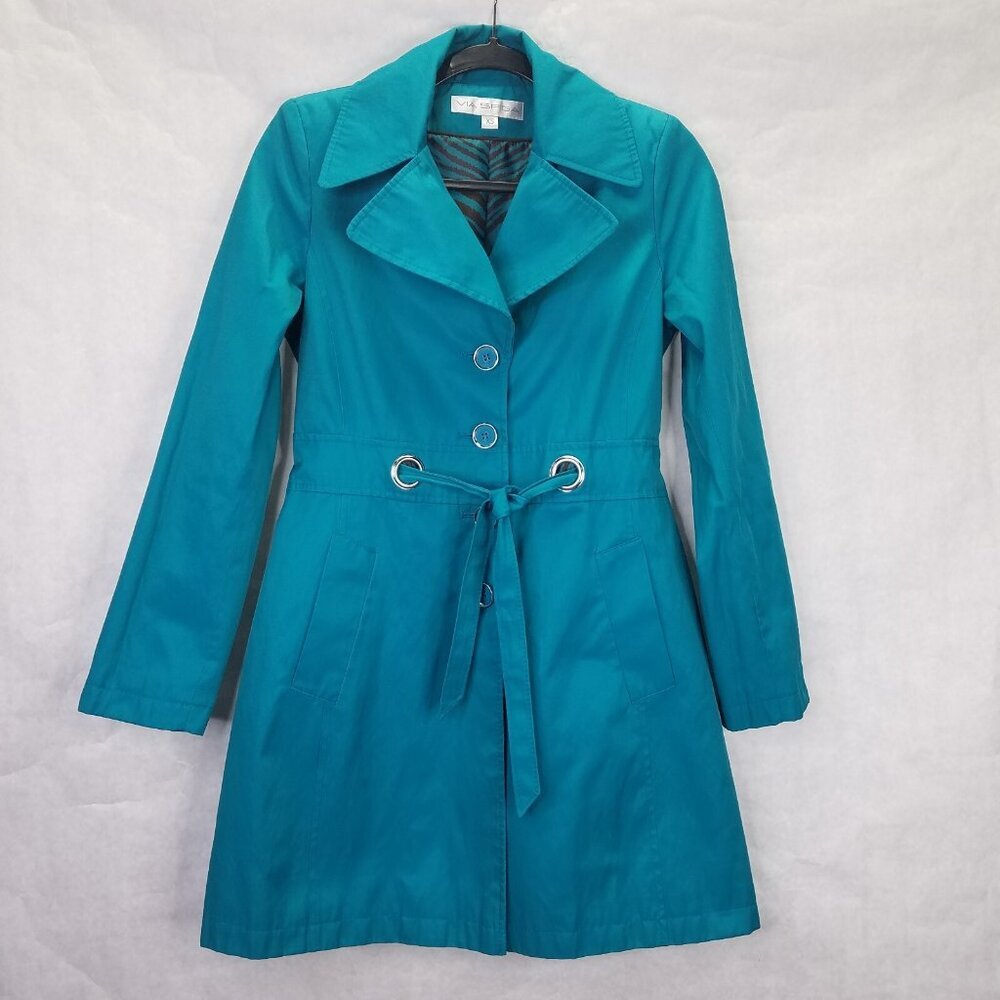 Via Spiga Trench Coat Women's XS Belted Wide Collar Lined Turquoise Twee Paris